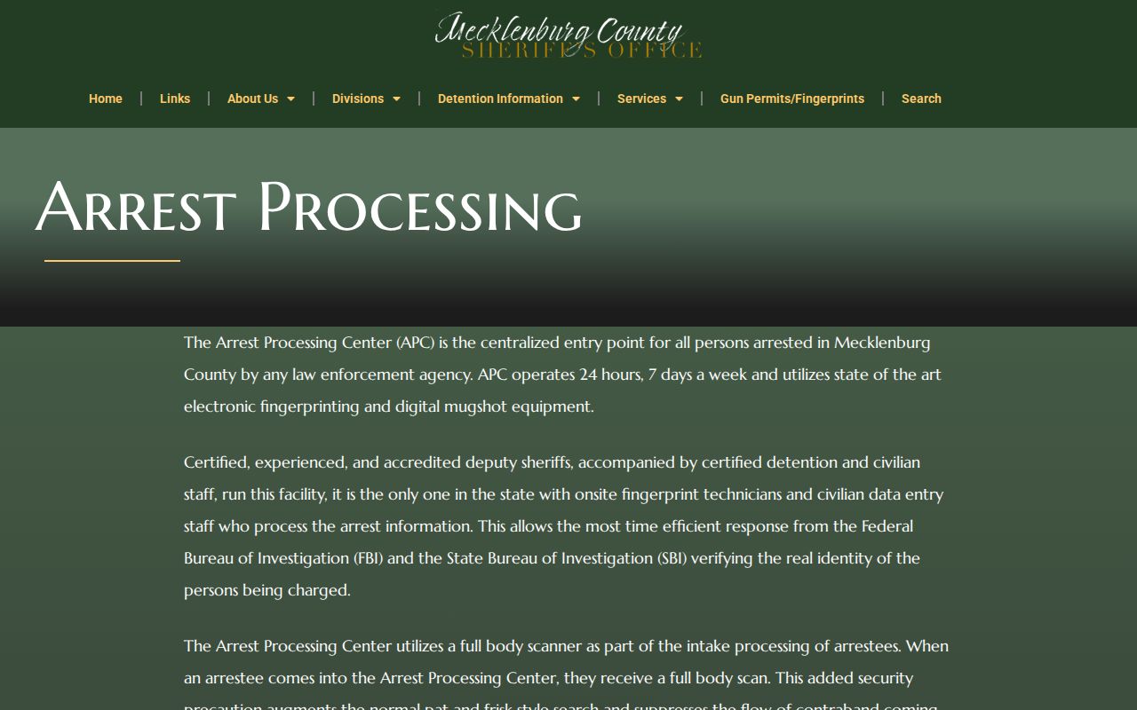 Mecklenburg County arrest processing and booking workflow page
