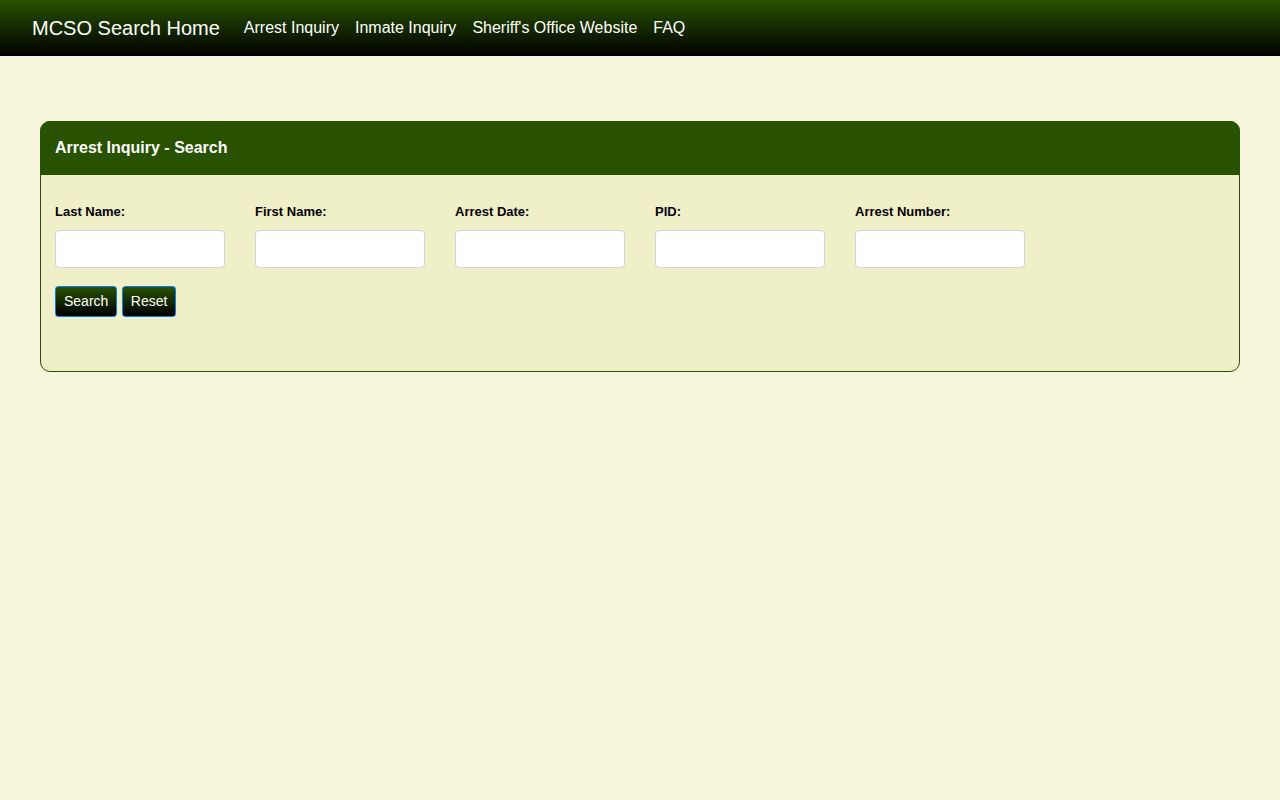 Mecklenburg County Sheriff's Office Arrest Inquiry search form