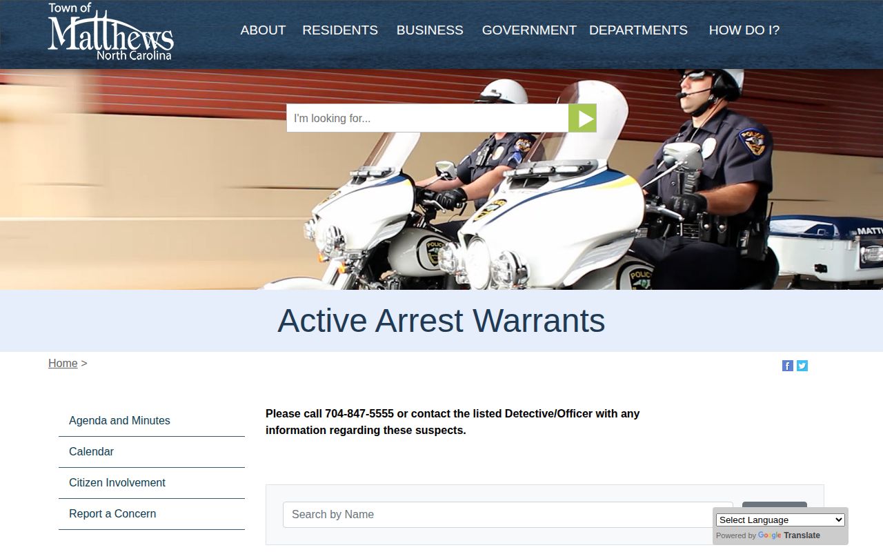 Matthews Police official active arrest warrants page with selected city listings