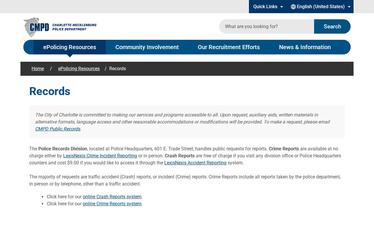 Charlotte-Mecklenburg Police Department records page with report access information
