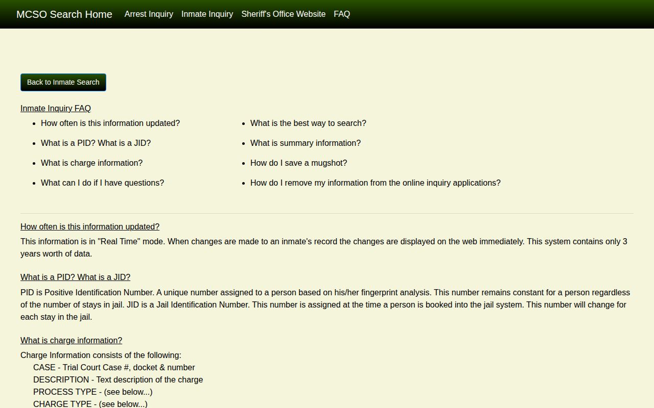 MCSO Inmate Inquiry FAQ explaining roster fields and custody codes