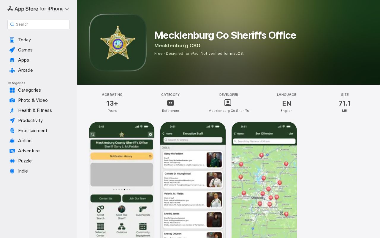 Mecklenburg County Sheriff official mobile arrest lookup app listing