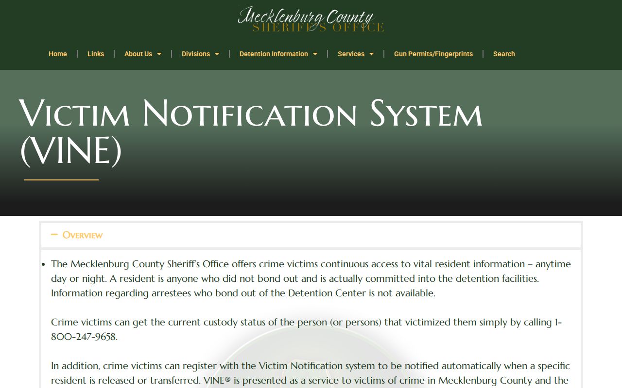 Mecklenburg County Sheriff VINE custody and release instructions