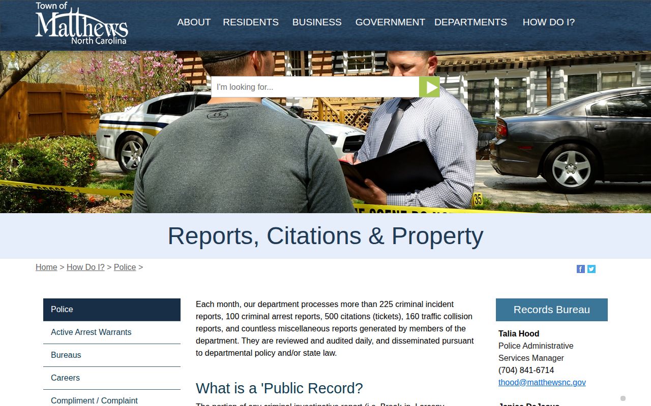 Matthews official reports citations and property page describing police record access