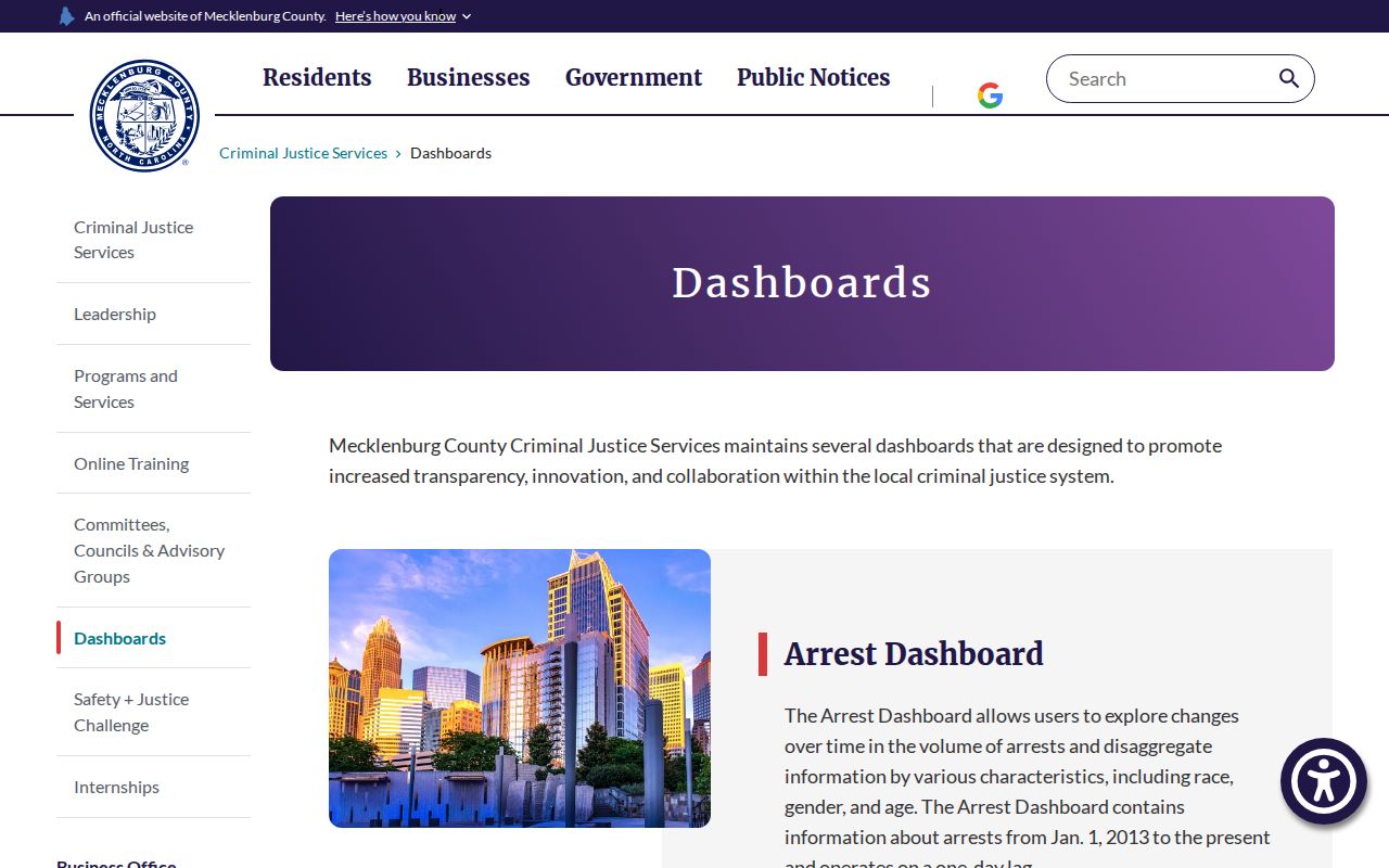Mecklenburg Criminal Justice Services Arrest Dashboard page